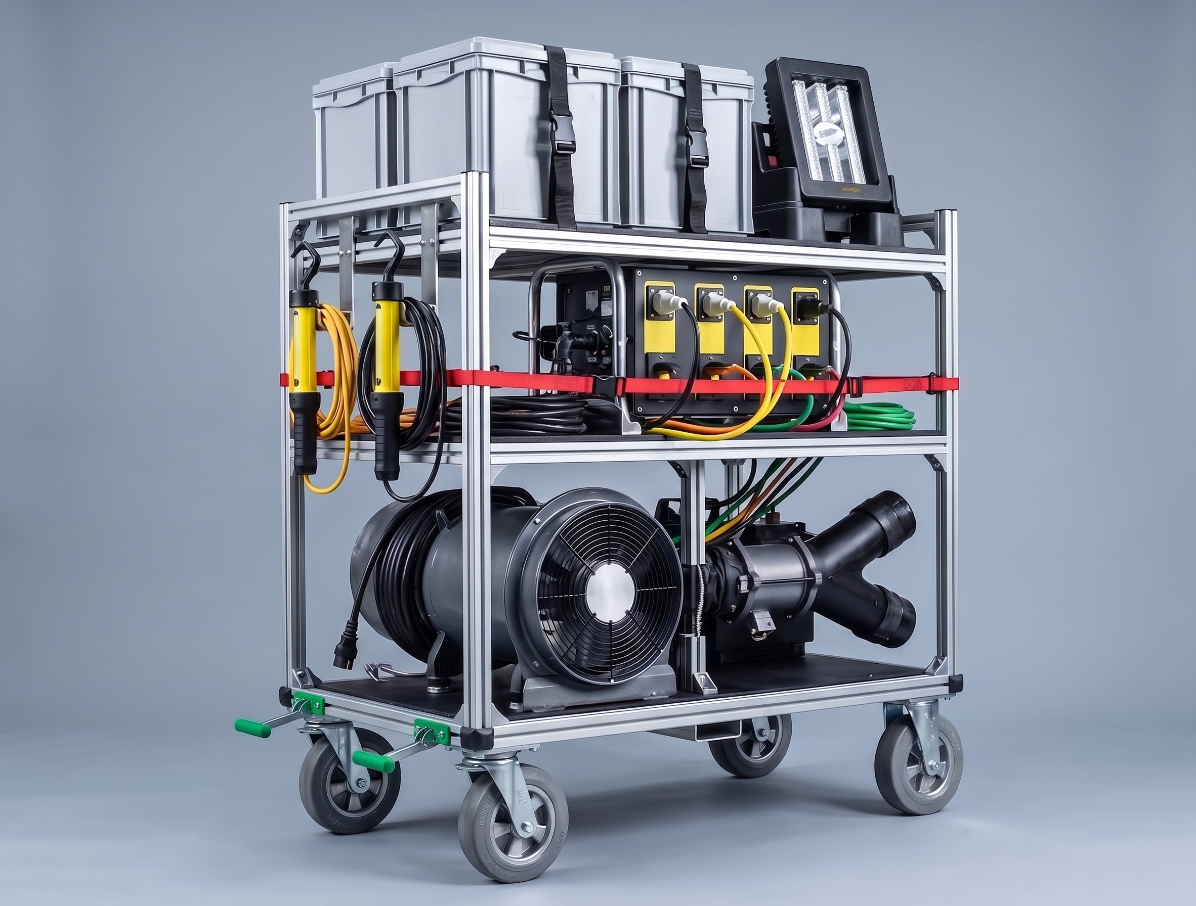 A labeled product diagram of the three-tier RAMFAN EB7325-WT Mobile Aircraft Fuel Tank Ventilation Cart on a neutral gray background. The top shelf holds strapped storage boxes and a 3-LED floodlight; the middle shelf houses an EX-certified power distribution box and two hanging yellow inspection lights; and the bottom shelf contains an EFi75xx ventilator fan, ducting, and a capped Wye splitter junction. Metallic caster wheels at the base feature an automatic braking system