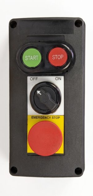 HLSW-PB20 Non-Metallic Explosion Proof Switch Control Station with Start Stop buttons, 3-position selector switch, and red mushroom Emergency Stop button on a white background.