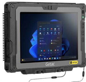 Getac ZX80W-EX fully rugged 8-inch tablet with Windows 11 operating system, black protective casing, side buttons, tethered stylus, and yellow ATEX safety label on a plain white background
