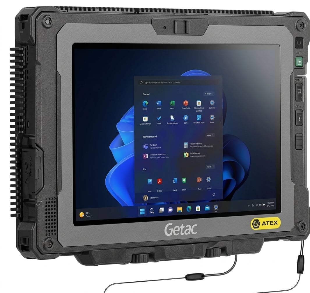 Getac ZX80W-EX fully rugged 8-inch tablet with Windows 11 operating system, black protective casing, side buttons, tethered stylus, and yellow ATEX safety label on a plain white background