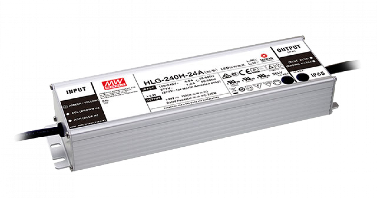 MEAN WELL HLG-240H-24A LED driver featuring a metallic enclosure, input and output cables, and IP65 rating label