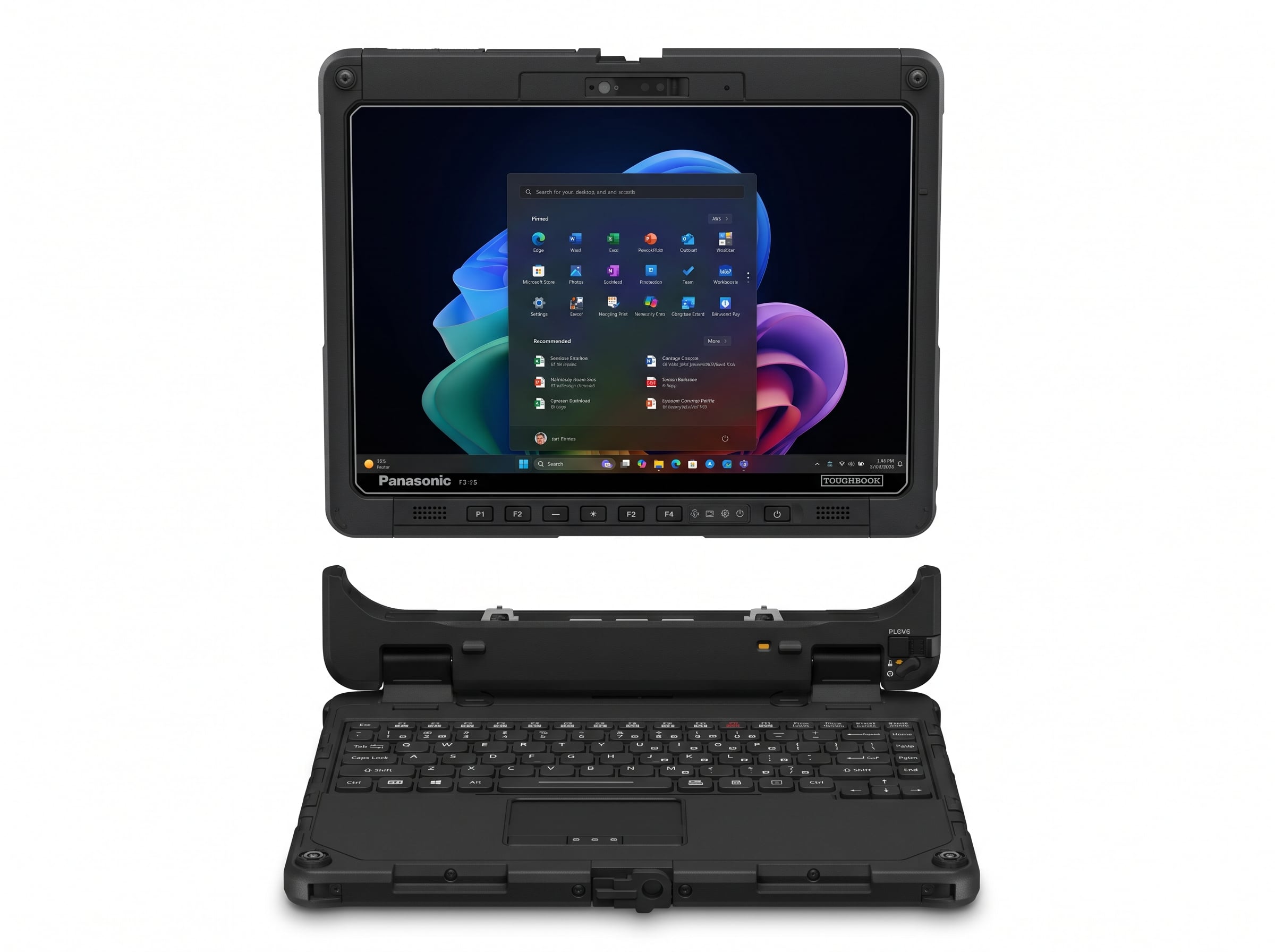 Centered front view of the Panasonic TOUGHBOOK 34 2-in-1 rugged tablet detached from its keyboard dock, set against a clean white background.