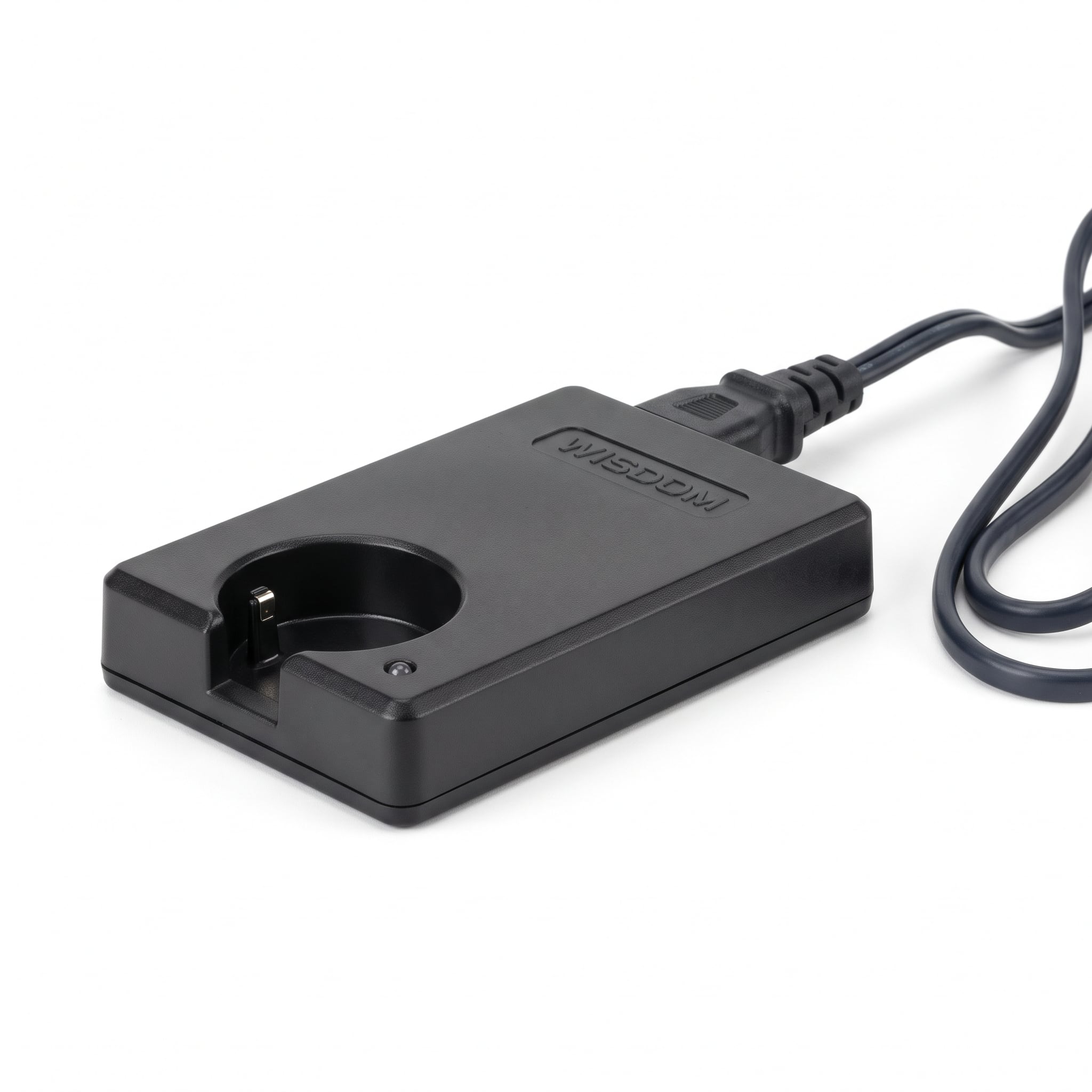 Wisdom NWF-50A fast-fill portable single charger cradle for industrial flashlights, featuring an integrated power cable and molded docking port isolated on a white background