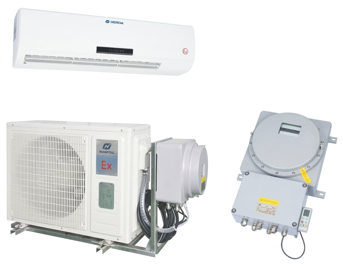 BKF-71/220 ATEX and IECEx certified explosion-proof split air conditioner system featuring indoor wall unit, outdoor condenser on mounting frame, and flameproof control box.