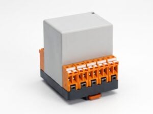 BARTEC 4-Channel Isolator Amplifier Type 17-5521 with orange terminals and light gray housing centered on a white background.