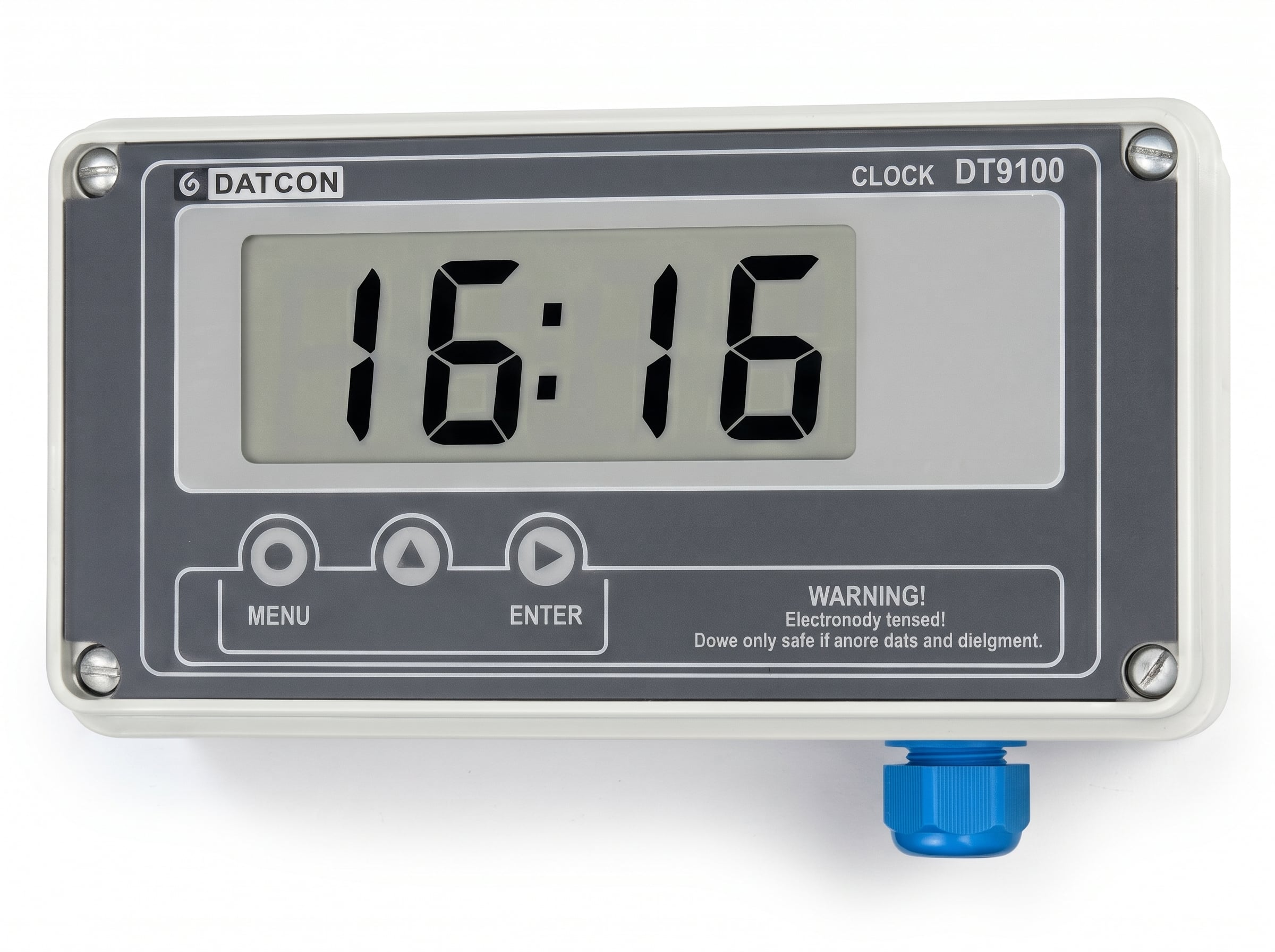 DATCON DT9100 intrinsically safe digital clock in a grey polycarbonate field-mount enclosure with an LCD display showing 16:16 and a blue cable gland on a plain white background.