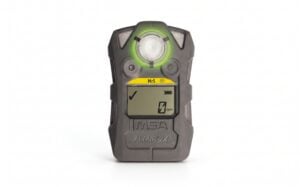 MSA ALTAIR 2X single-gas detector in a charcoal gray rubberized housing with a green-illuminated top sensor, digital LCD display showing 0 ppm H2S, and MSA brand logo, centered against a seamless white background.