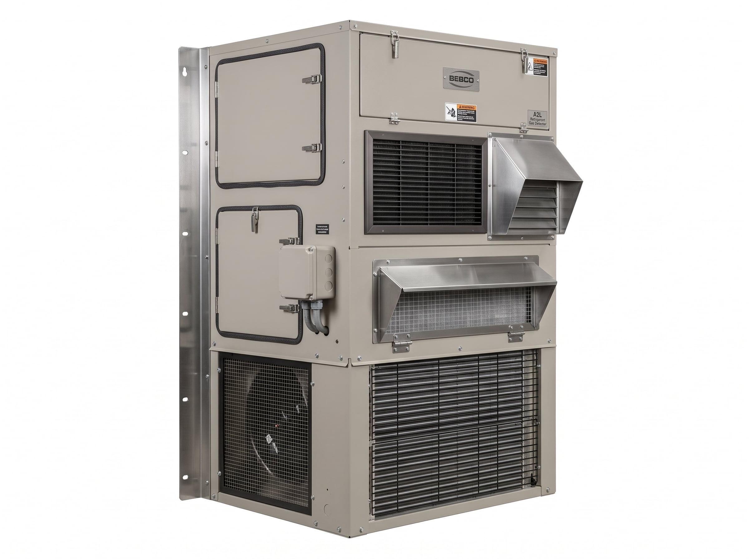 "A Bebco 2.5-ton industrial wall-mount HVAC unit (image_6.png), shown from a three-quarter angle on a solid white background. The rugged, heavy-duty unit features galvanized and stainless steel construction, secure latching access panels, mounting flanges, ventilation grilles, a stainless steel fresh air intake hood, and external electrical enclosures, with a 'BEBCO' brand plate on the upper right."
