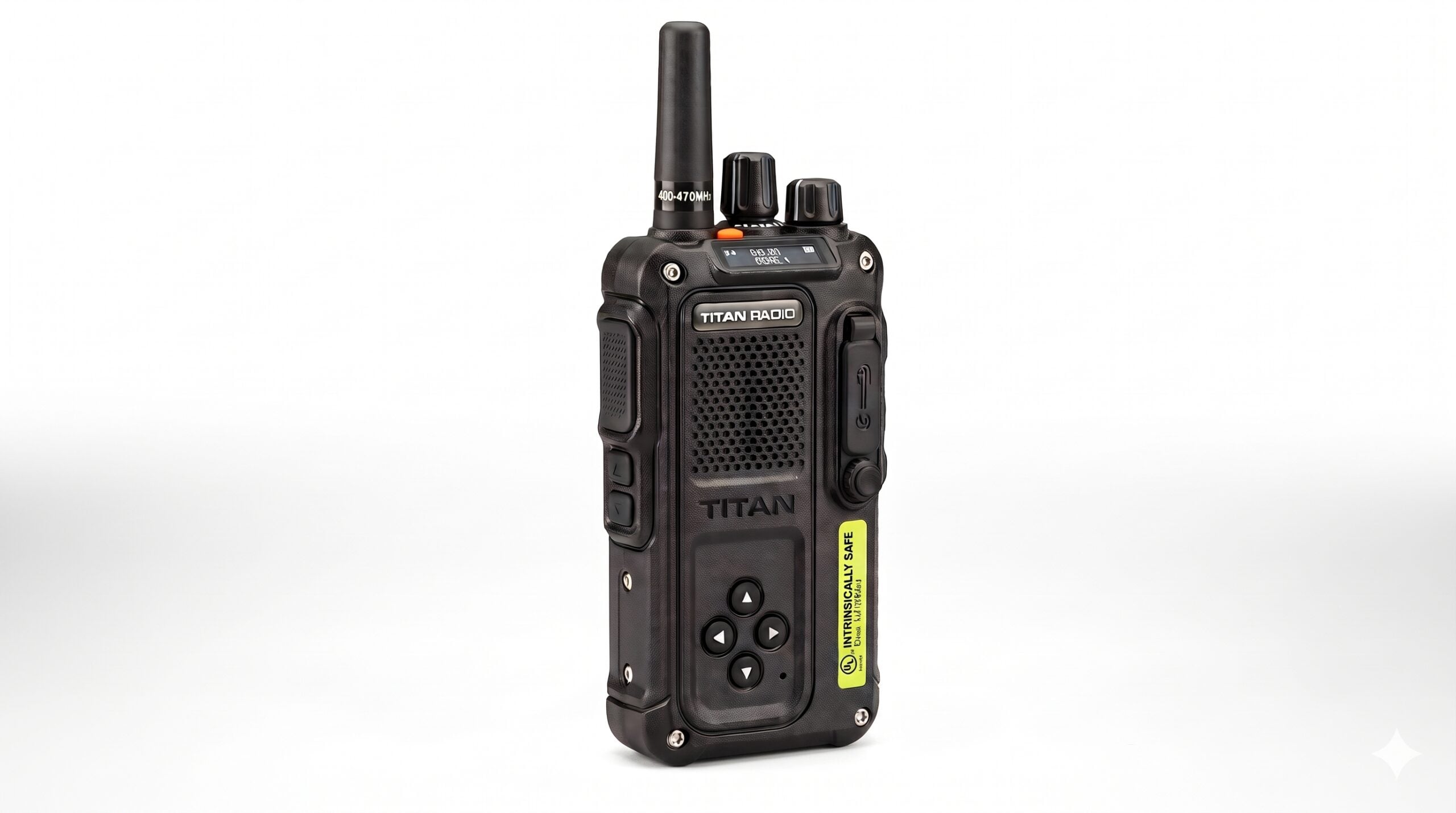 Centered view of the Titan Radio TR7XN-IS intrinsically safe DMR portable two-way radio, featuring its top OLED display, 400-470MHz antenna, and rugged black housing with a UL Class I, II, III Div 1 safety label on a seamless white background.