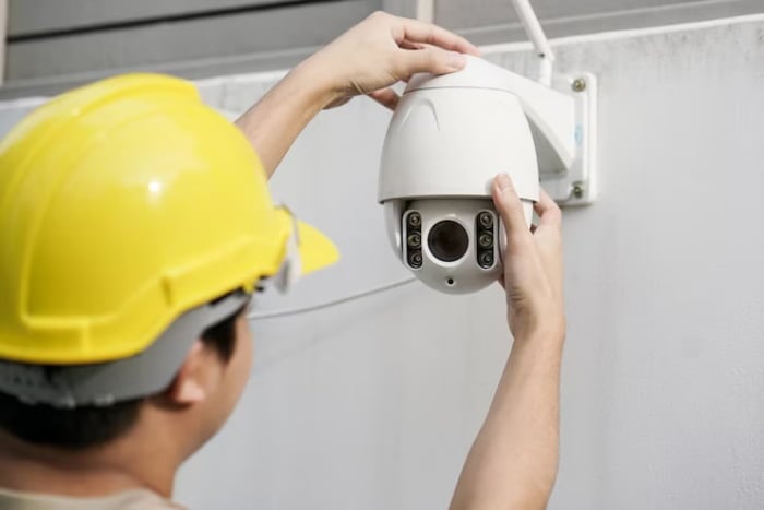 factory engineer installing ATEX-compliant cctv camera